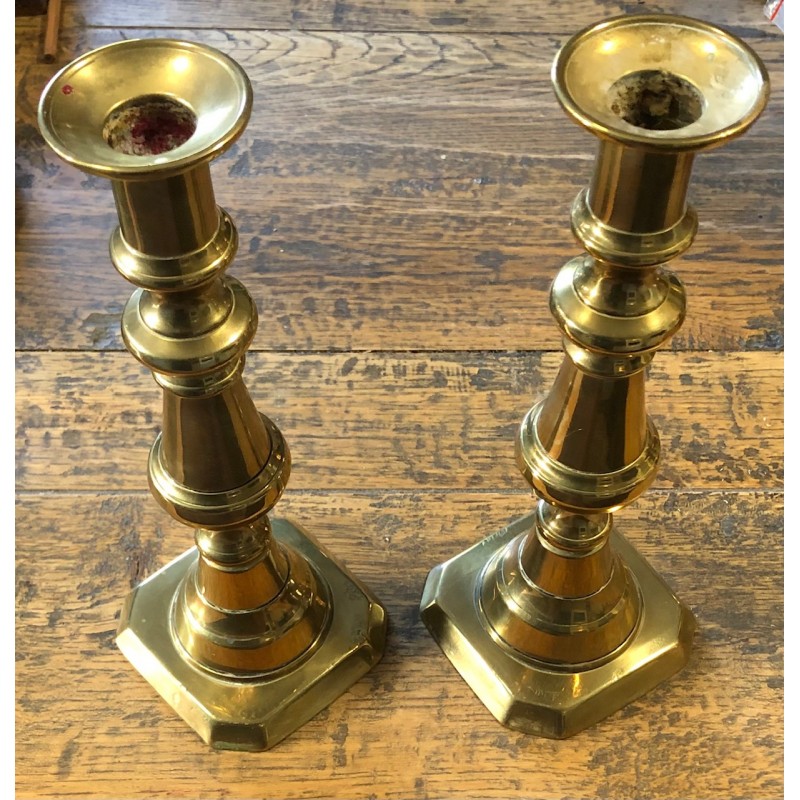 Antique Pair English Victorian Brass Push-Up Candlesticks 25mm